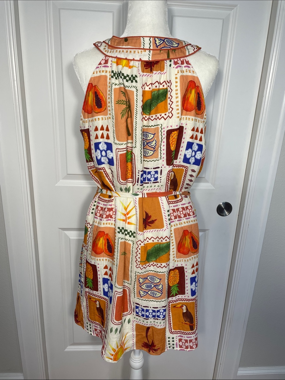 Ciebon Kyndra Grid Print Halter Dress Large Tropical Print Pineapple Toucans - Picture 8 of 14
